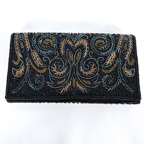 Carolyne Barton Handbags - Carolyne Barton Beaded Clutch Black Iridescent Gold Paisley Evening Bag